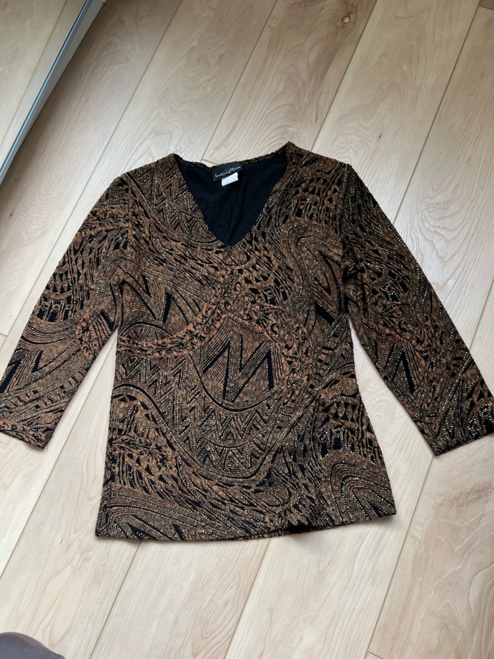 Brittany Black Metallic Bronze Textured V-Neck Top